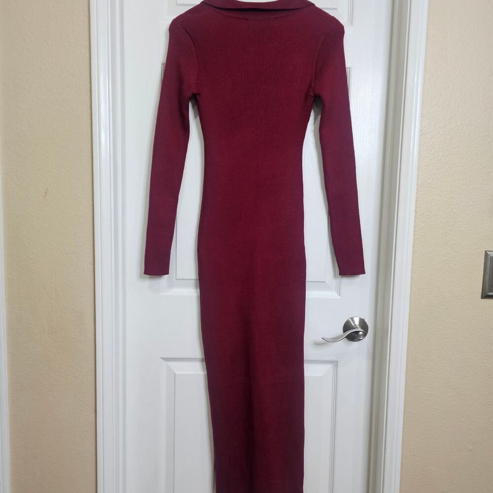 Petal & Pup Sweater Dress Size M Burgundy Ribbed Knit Maxi Collared Long Sleeve - Picture 2 of 6
